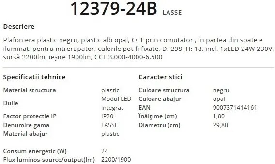 Plafoniera LED design modern, diametru 29,8cm, LASSE negru 12379-24B GL