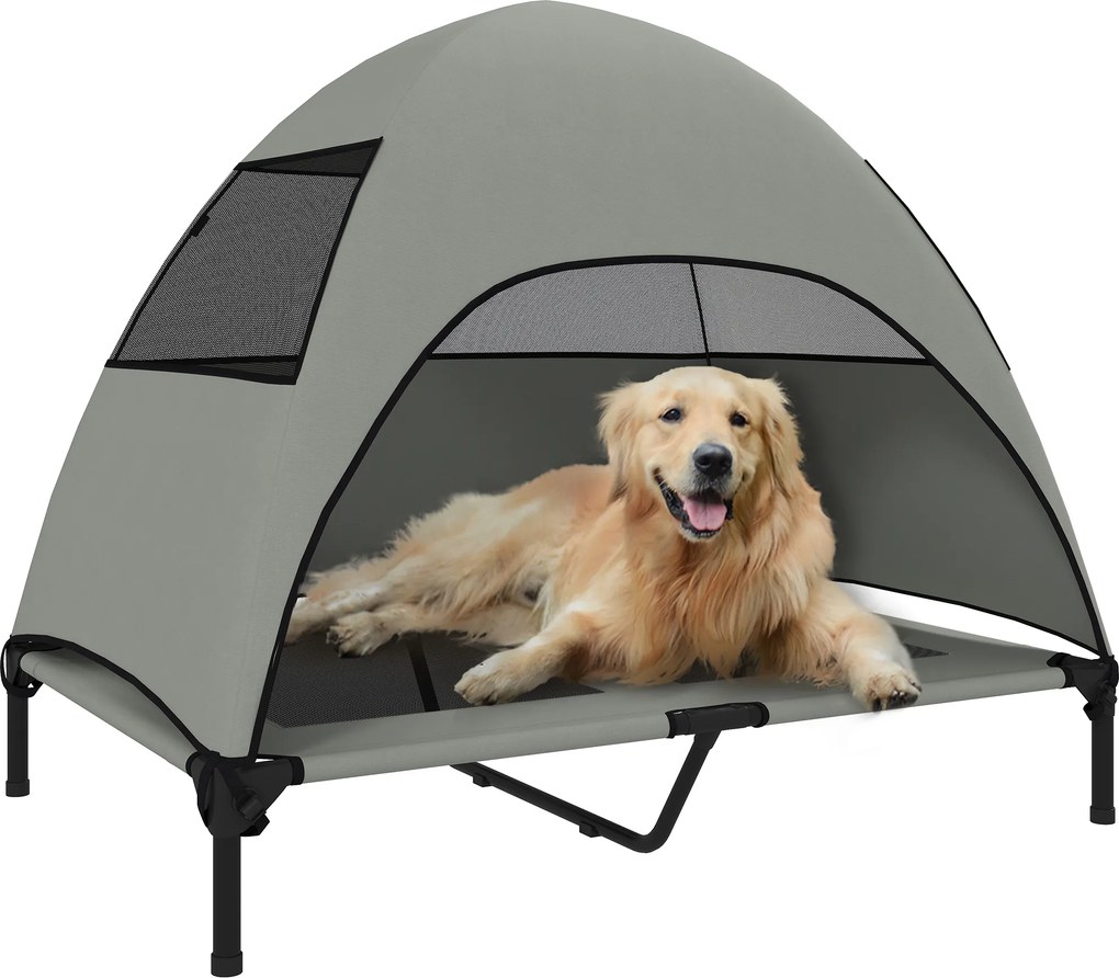 PawHut Pat pentru câini exterior cu acoperiș, pat ridicat pentru câini mari, 106 x 76 x 99 cm, Gri deschis | Aosom Romania
