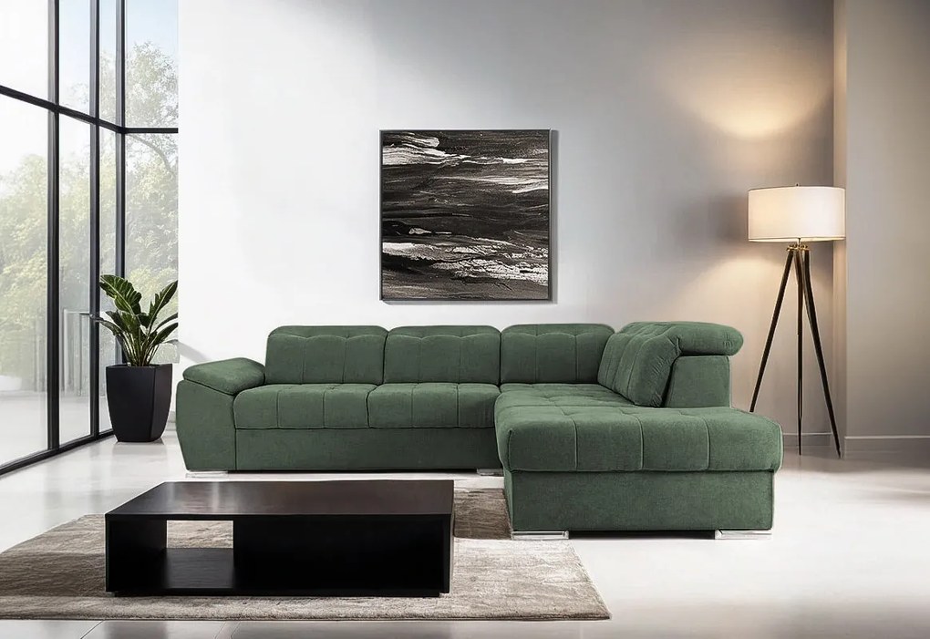 Colțar Extensibil ENZO, cu tetiere, variante stânga/dreapta, 255x220x100 cm, Verde-Enjoy / Dreapta