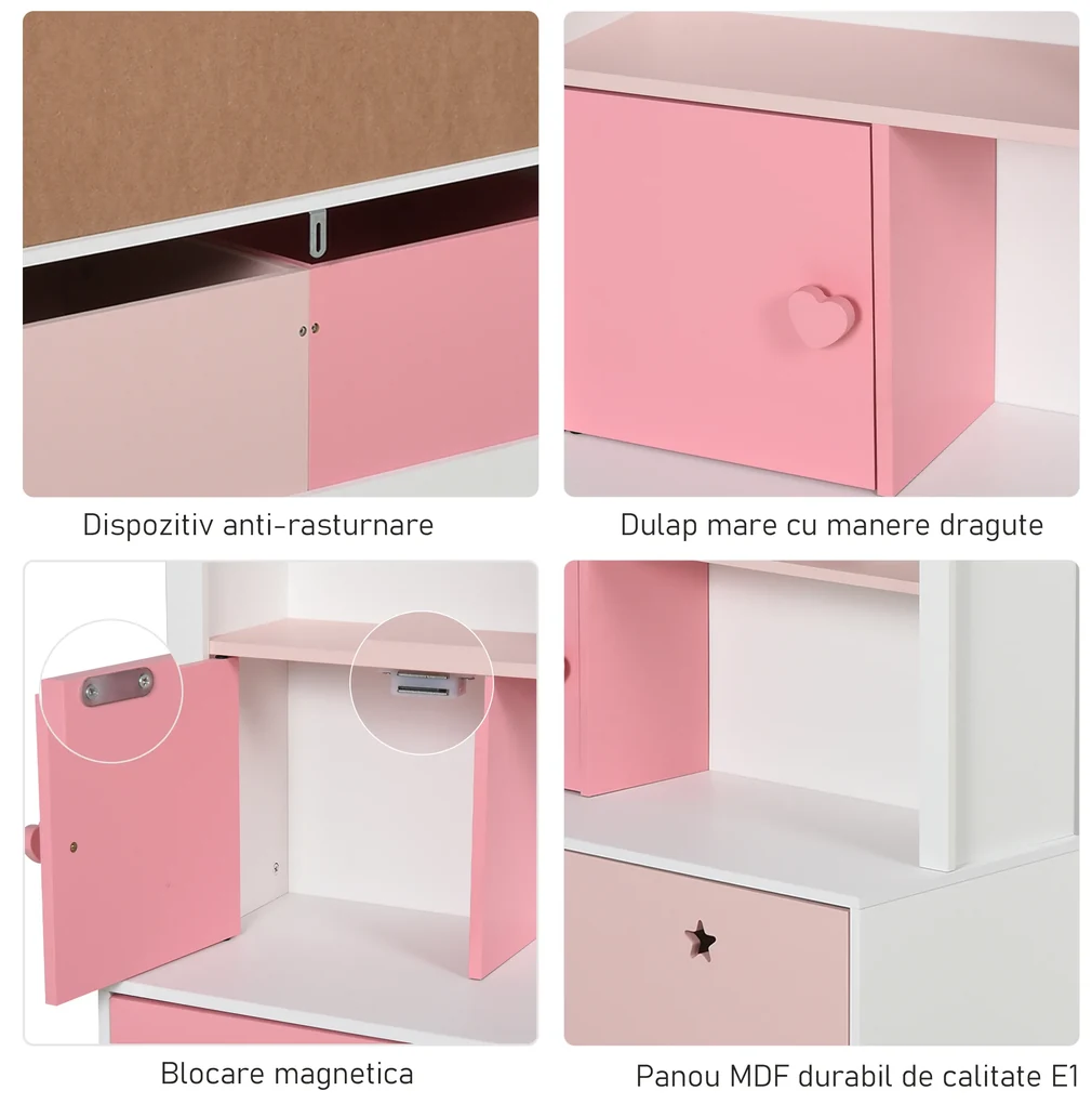 HOMCOM Raft Bibliotecă pentru Copii, Dulap Organizator cu Compartimente, Design Atractiv, Roz | Aosom Romania