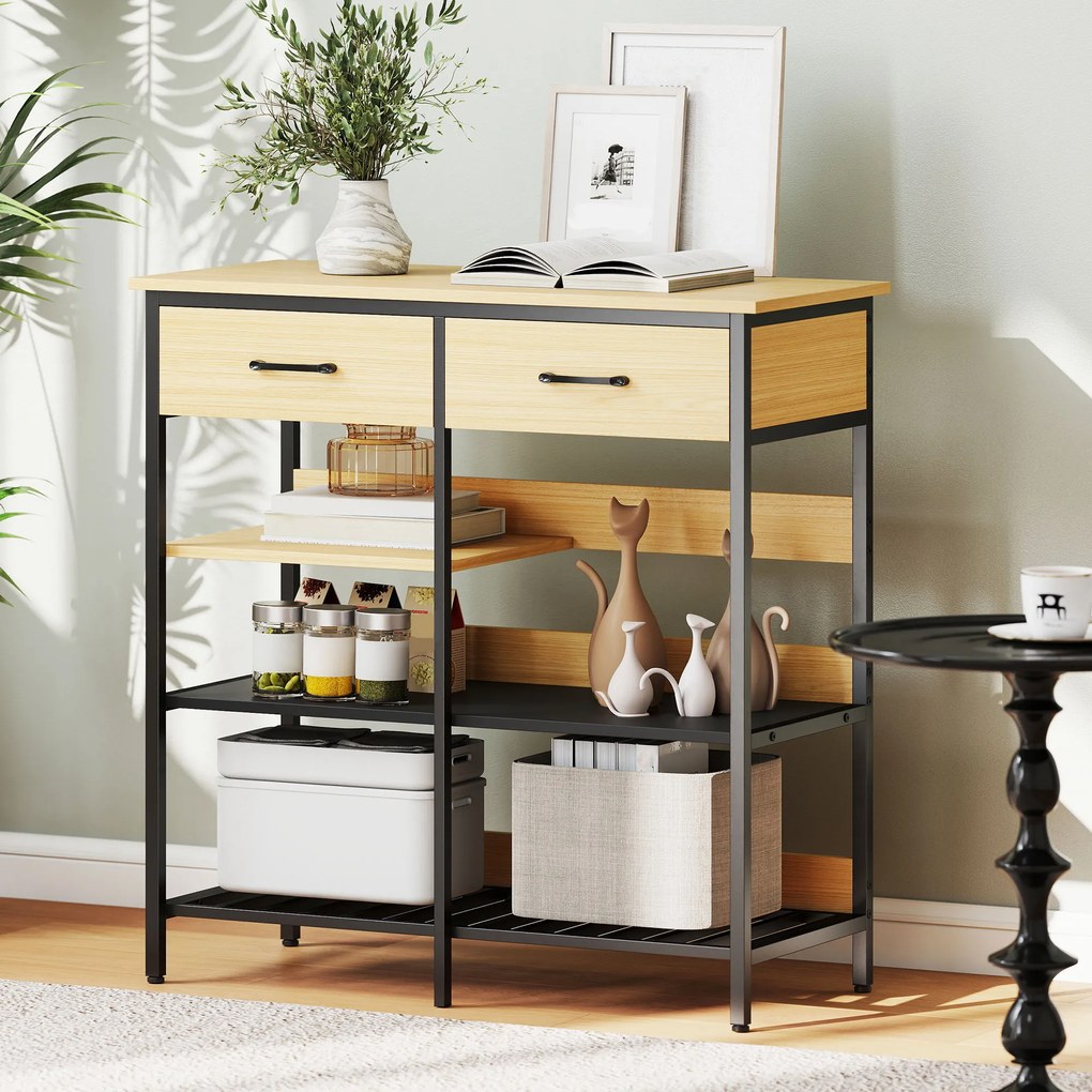 HOMCOM Sideboard, comodă cu 2 sertare, 3 rafturi deschise dulap de bucătărie pentru bucătărie, living 90 x 40 x 91 cm, lemn natural | Aosom Romania