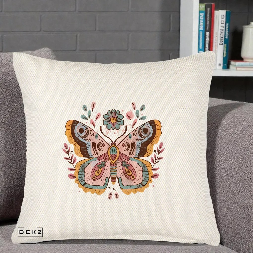 Perna Decorativa Fluture Boho Floral, 40x40 cm, Crem Reliefat, Husa Detasabila, Perna Inclusa, BEKZ®