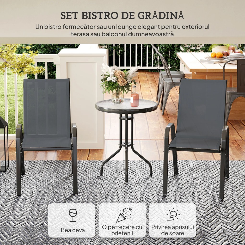 Outsunny Set Mobilier de Grădină din 3 Piese cu Scaune Suprapozabile și Masă din Sticlă, 54x71x93 cm, Gri Închis | Aosom Romania