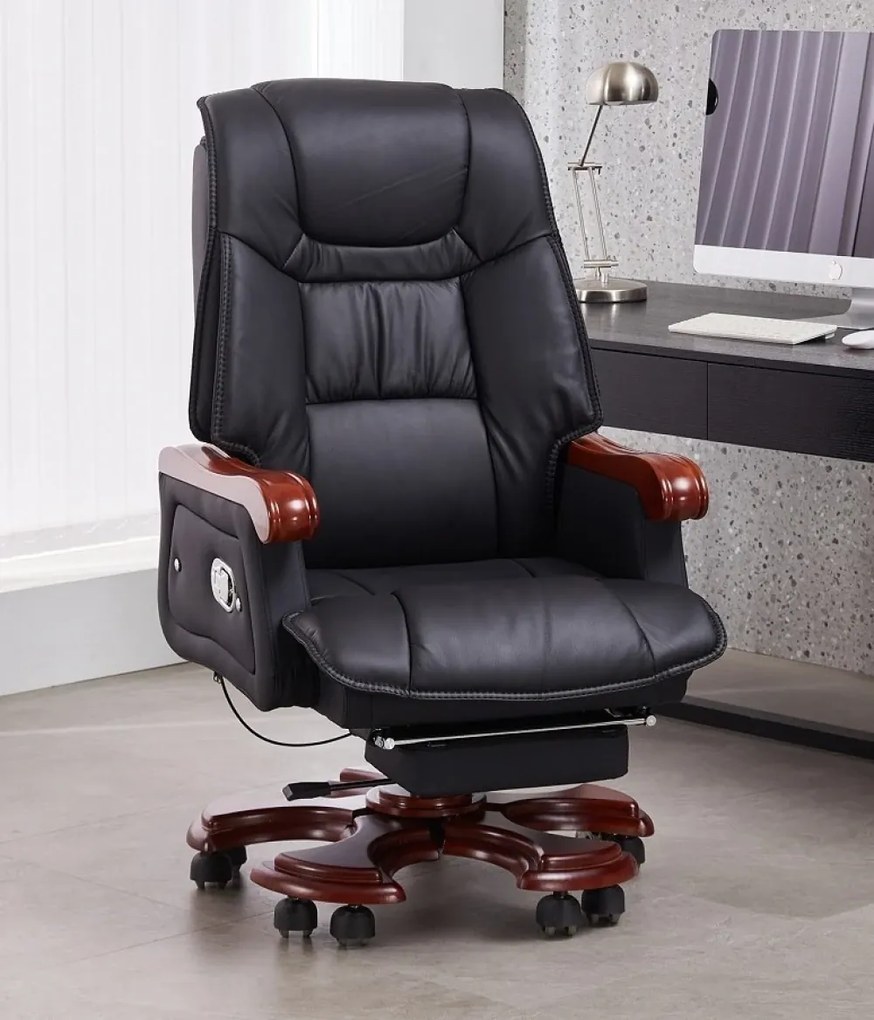 Scaun directorial din lemn masiv, cu suport pentru picioare, mecanism inclinare, inaltime reglabila, pivotant, PU Premium, rezistent 150 kg, Negru