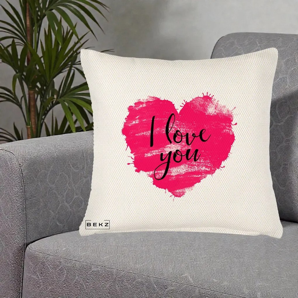 Cadou Romantic - Perna Personalizata I Love You Inima Roz, 40x40 cm, Crem Reliefat, Husa Detasabila, Perna Inclusa, BEKZ®