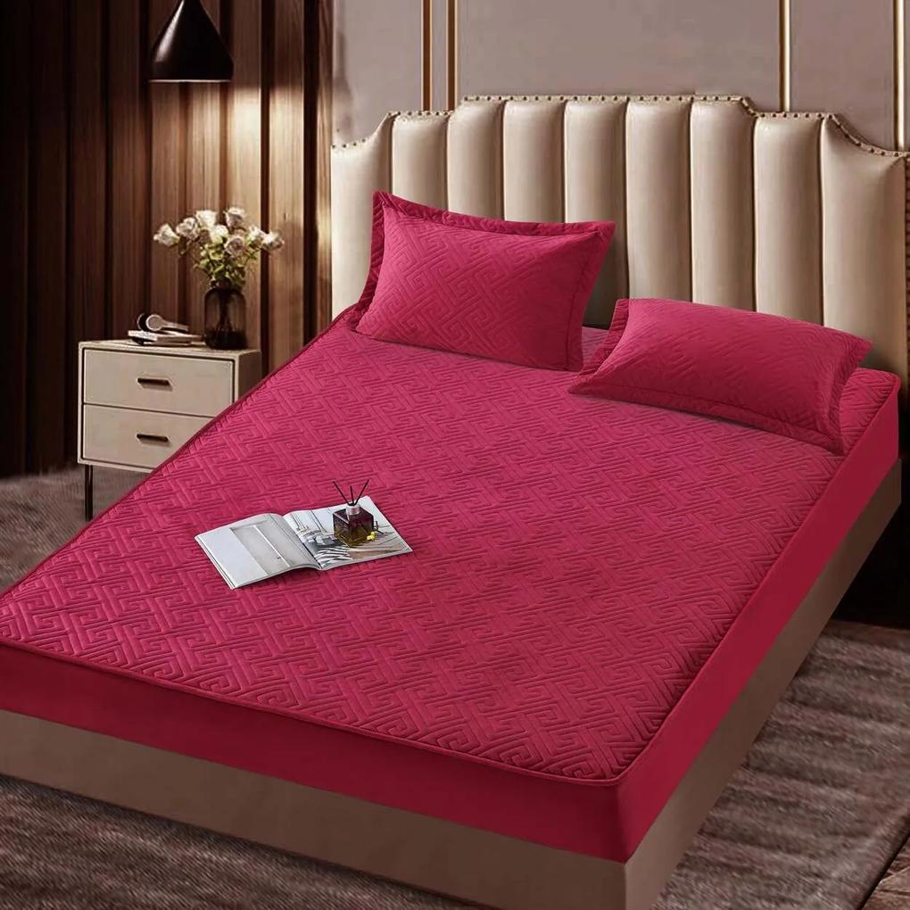 Husa de pat matlasata si 2 fete de perne din catifea, cu elastic, model tip topper, pentru saltea 160x200 cm, magenta, HTC-44