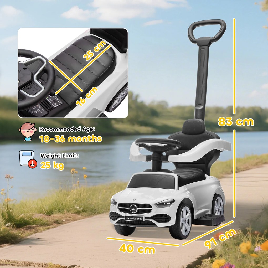 AIYAPLAY Mașină de Călărit pentru Copii 1-3 Ani Convertibilă în Cărucior cu Licență Mercedes, 91x40x83 cm, Alb | Aosom Romania
