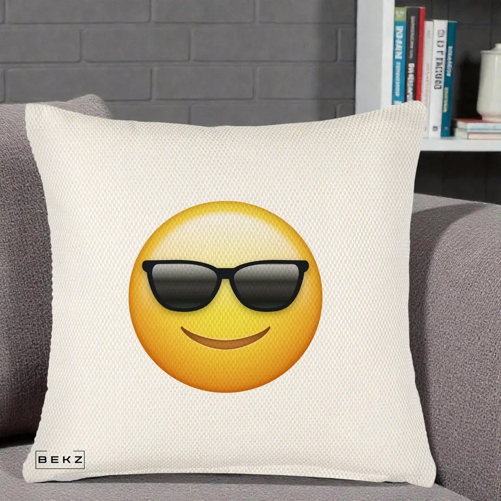 Perna Decorativa Emoji Cool Ochelari, 40x40 cm, Crem Reliefat, Husa Detasabila, Perna Inclusa, BEKZ®