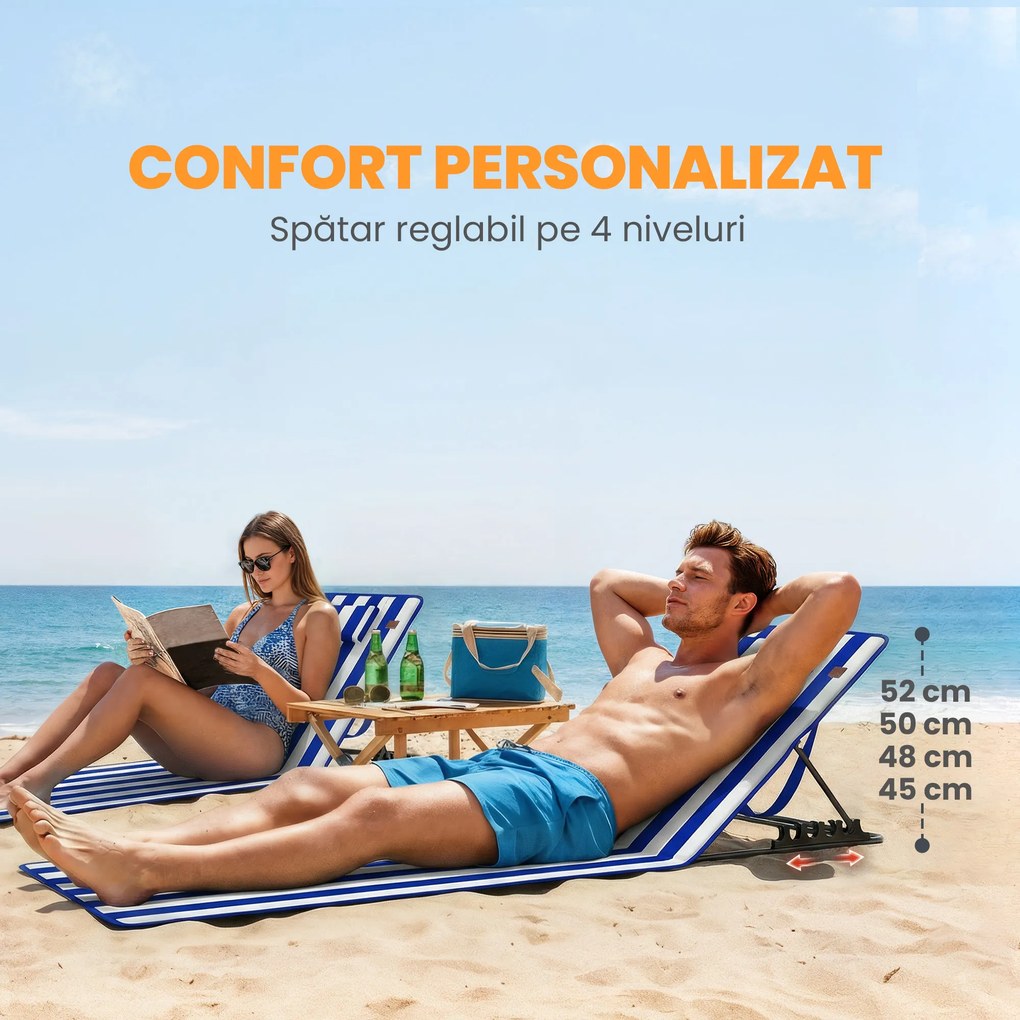 Outsunny Set 2 Saltele de Plajă cu Spătar Reglabil pe 4 Nivele, din Oțel și Poliester, 154x57x52 cm, Albastru și Alb | Aosom Romania
