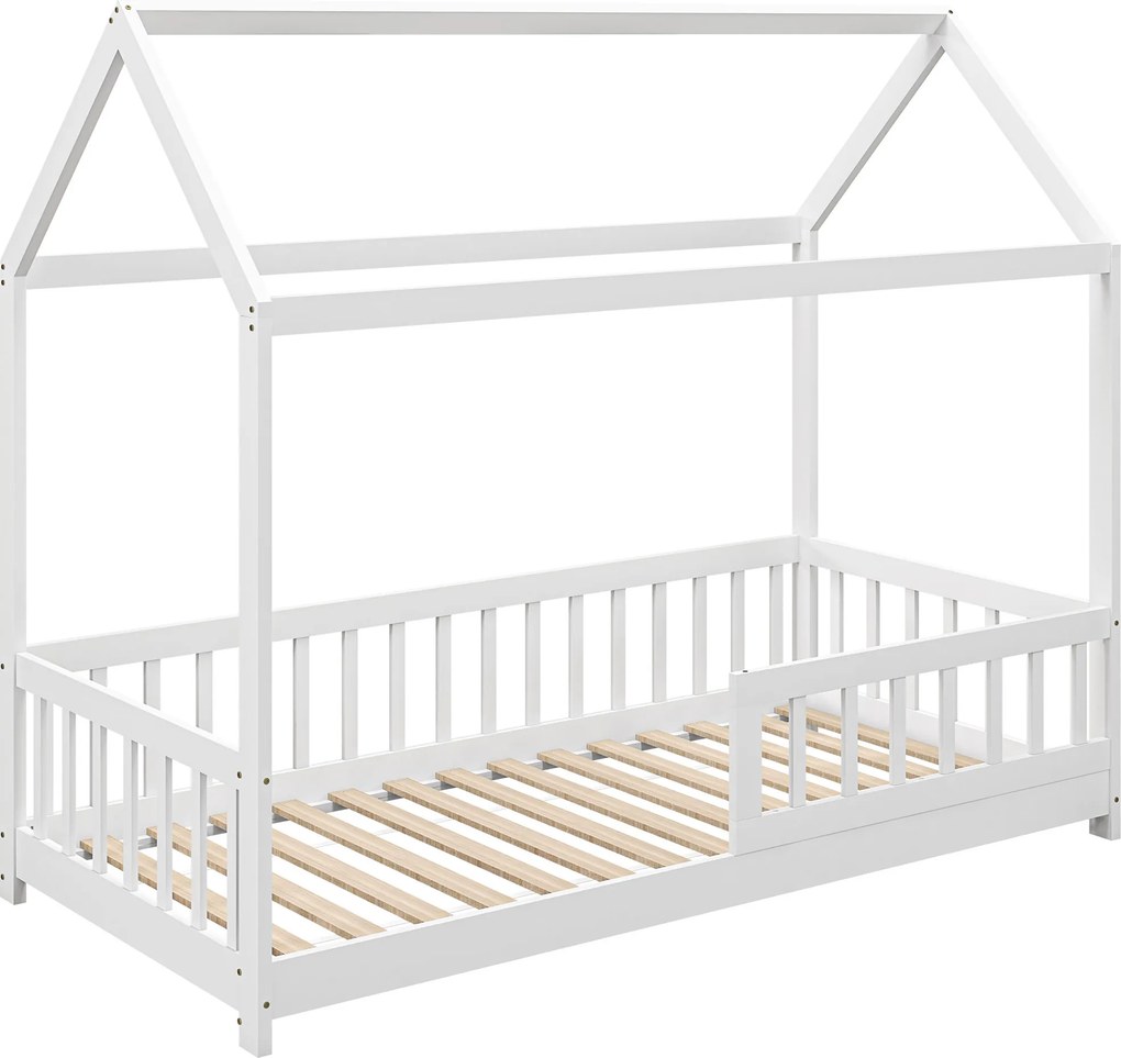 HOMCOM Pat Montessori pentru Copii în Formă de Căsuță cu 15 Șipci și Bariere de Protecție, 96x195x165 cm, Alb | Aosom Romania