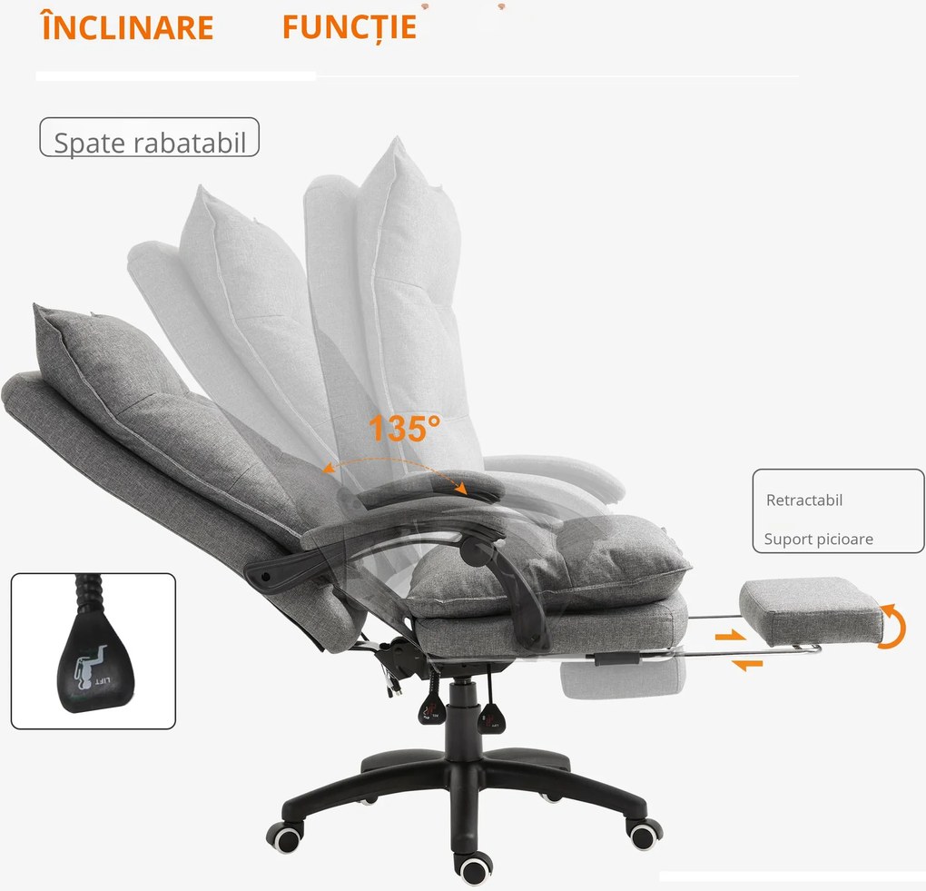 Scaun de birou ergonomic Vinsetto cu inclinare si masaj in 6 Puncte, inaltime reglabila, 70x62x120-130 cm, Gri | Aosom Romania