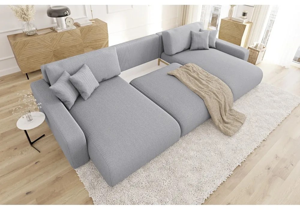 Colțar gri deschis extensibil, cu spațiu de depozitare, cu tapițerie din catifea reiată Sara – Ropez