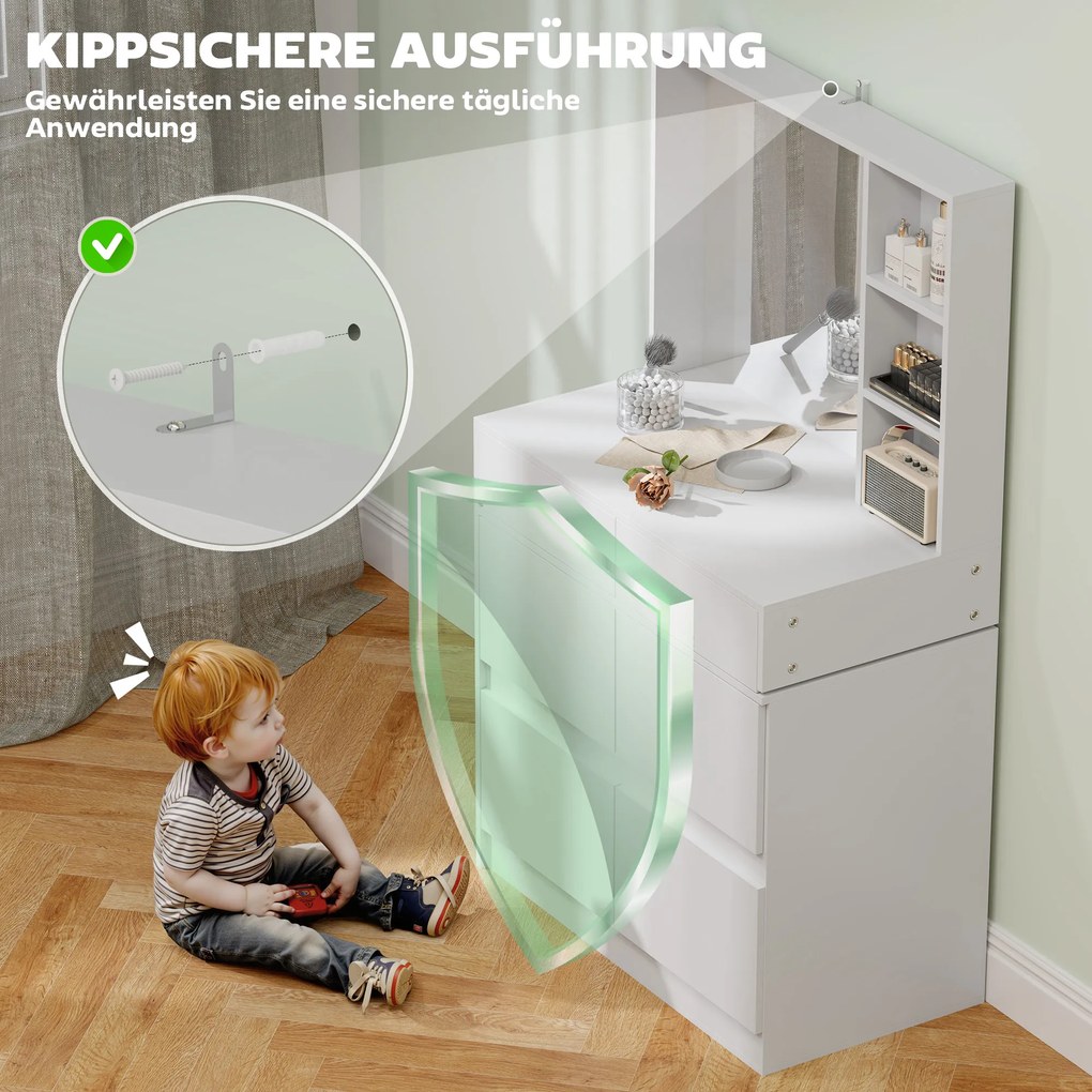 HOMCOM Masă de machiaj, masă pentru machiaj cu oglindă mare, 4 sertare, 3 compartimente deschise, 2 dulapuri, MDF, Alb | Aosom Romania