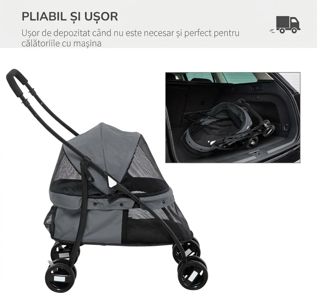 PawHut Cărucior Pliabil pentru Câini cu Acoperiș Reglabil, Geantă și 2 Lese, 82x47x97 cm, Gri | Aosom Romania