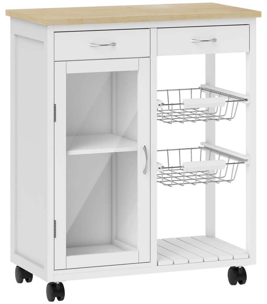 HOMCOM Cărucior de Bucătărie din Bambus cu 2 Sertare, Dulap, Raft și 2 Coșuri din Oțel, 67x35x80 cm, Alb | Aosom Romania