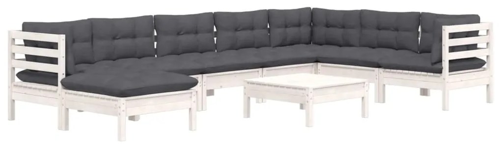 Set mobilier de gradina cu perne, 9 piese, alb, lemn masiv pin Alb, 1