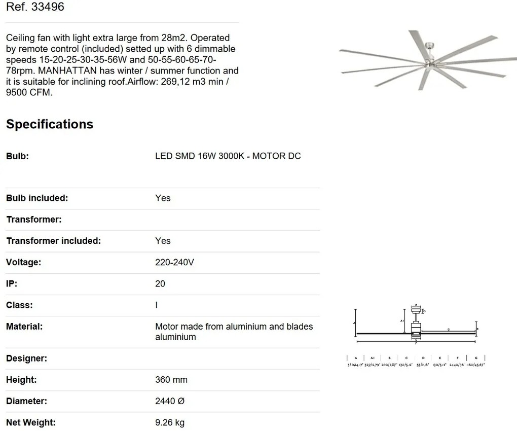 Lustra cu Ventilator extra large si telecomanda MANHATTAN LED 33496