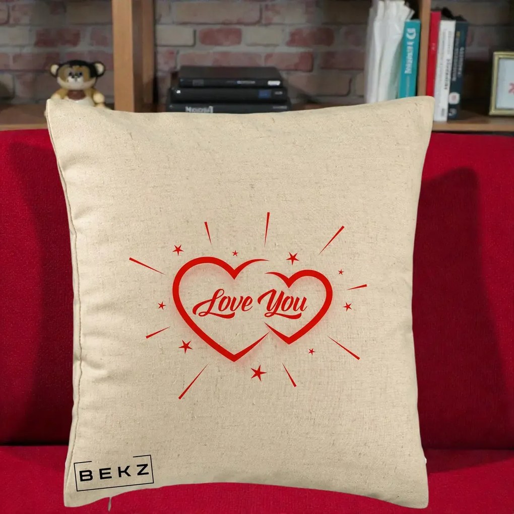 Cadou Romantic - Perna Personalizata Love You Doua Inimi, 40x40 cm, Bej, Husa Detasabila, Perna Inclusa, BEKZ®