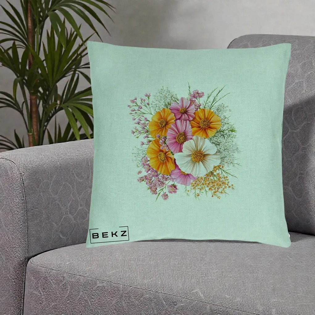 Perna Decorativa Buchet Cosmos Portocaliu Roz si Alb, 40x40 cm, Verde Menta, Husa Detasabila, Perna Inclusa, BEKZ®