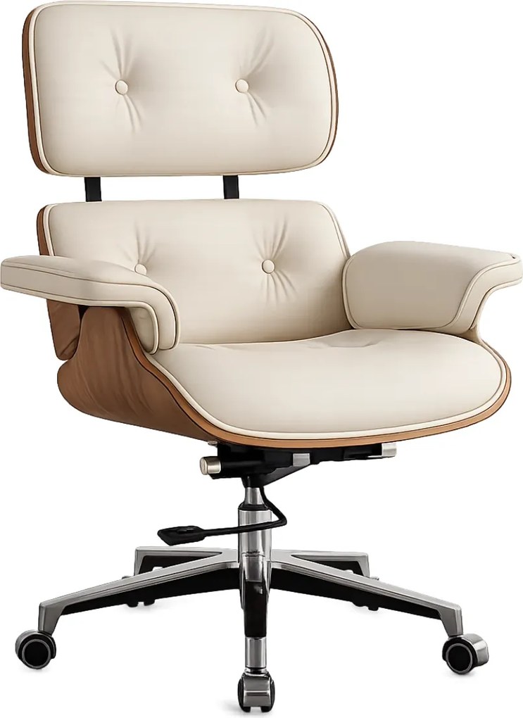 EXECUTIVE PRESTIGE – Scaun Directorial Ergonomic Premium, cu Piele PU, Furnir din Lemn Natur, Bază din Aluminiu, Reglaj pe Înălțime și Funcție de Înclinare, Alb