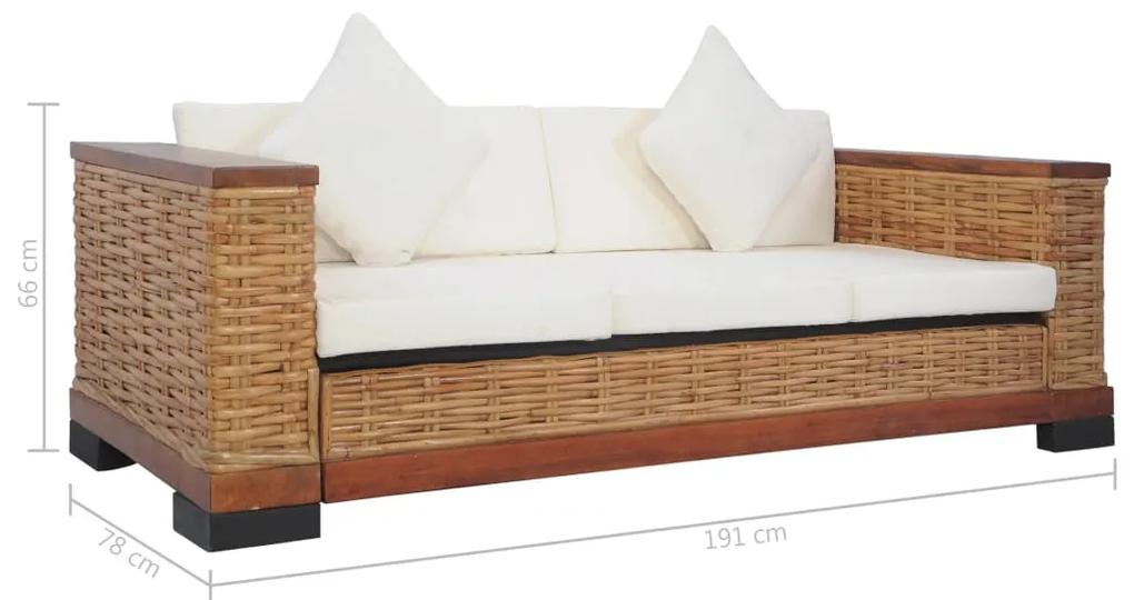 Canapea de 3 locuri cu perne, maro, ratan natural Canapea cu 3 locuri