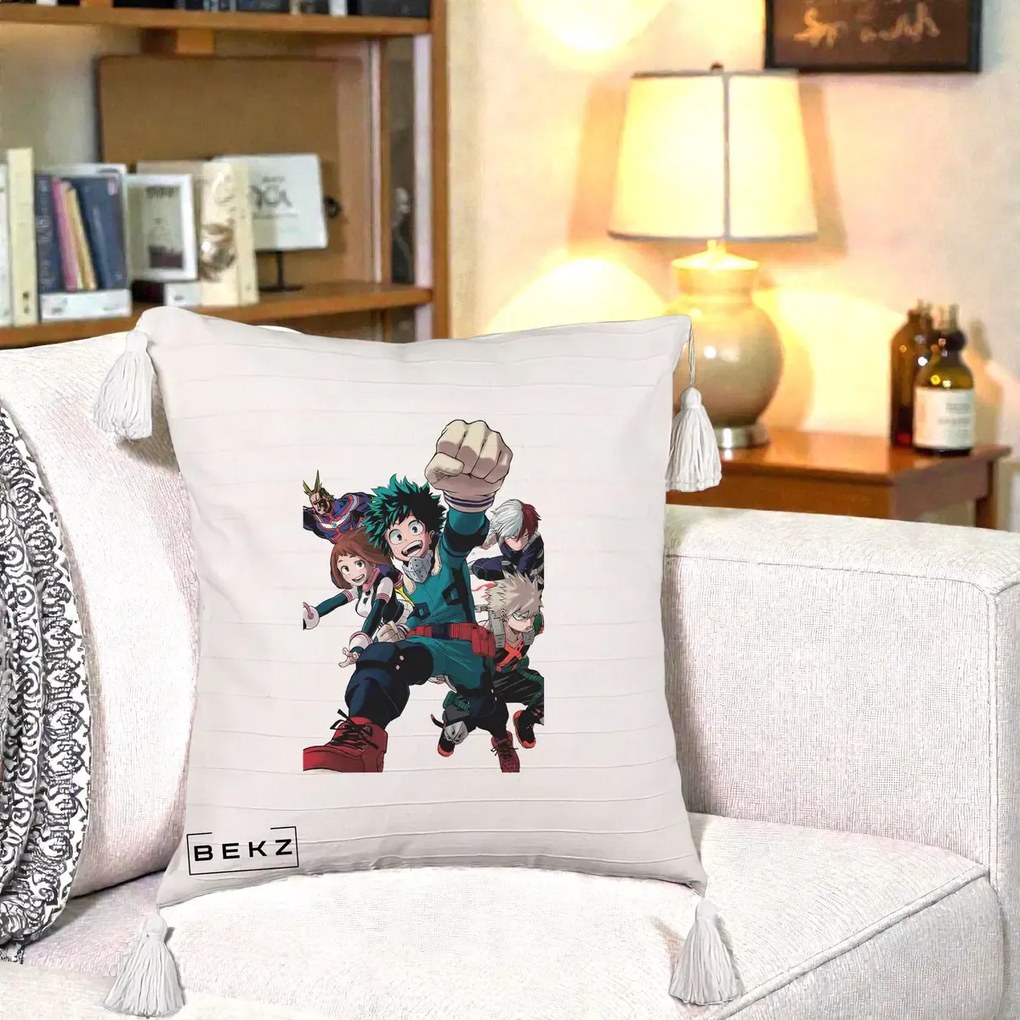 Perna Personalizata My Hero Academia Izuku Deku si Echipa, 40x40 cm, Bej cu Franjuri, Husa Detasabila, Perna Inclusa, BEKZ®