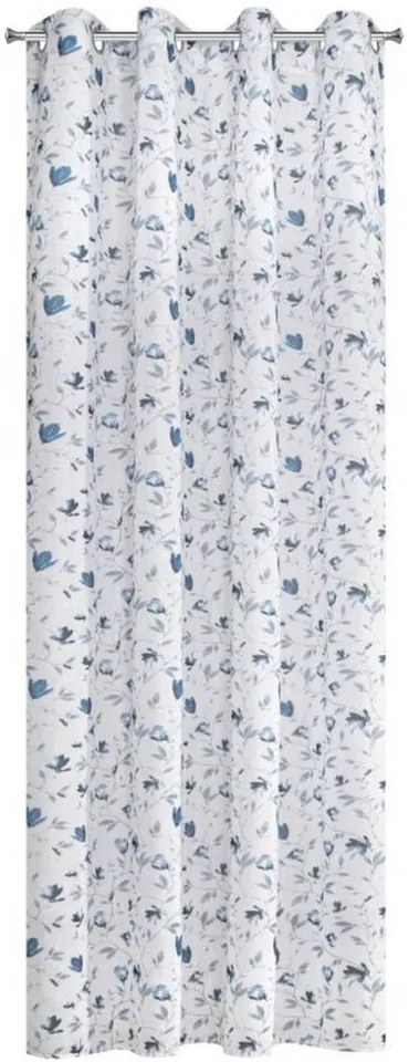 Draperie decorativă subtilă alb-albastră, cu motiv floral Lungime: 250 cm