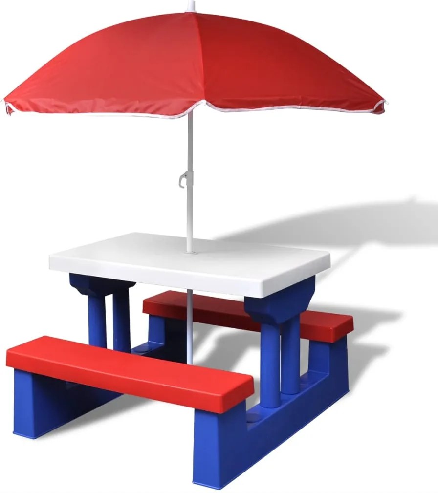 vidaXL Masă de picnic pentru copii cu bănci & umbrelă, multicolor