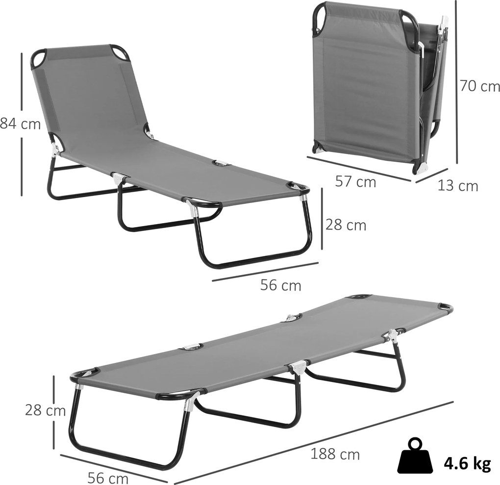 Outsunny Șezlong Pliabil cu Spătar Reglabil în 5 Poziții, Scaun de Grădină cu Material Respirable Oxford, Ideal pentru Plajă, Piscină, Grădină, 188x56x28 cm, Gri | Aosom Romania