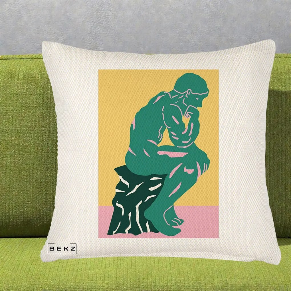 Perna Decorativa Ganditorul Sculptura Pop Art, 40x40 cm, Crem Reliefat, Husa Detasabila, Perna Inclusa, BEKZ®