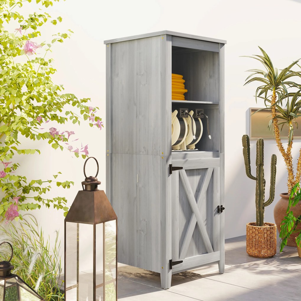 Outsunny Căsuță de unelte cu ușă de grajd, rafturi reglabile, design subțire, lemn de brad, Gri deschis | Aosom Romania