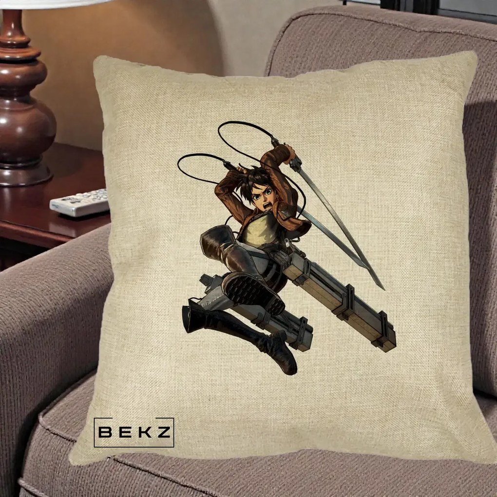Perna Personalizata Attack on Titan Eren Yeager Lupta, 40x40 cm, Crem, Husa Detasabila, Perna Inclusa, BEKZ®