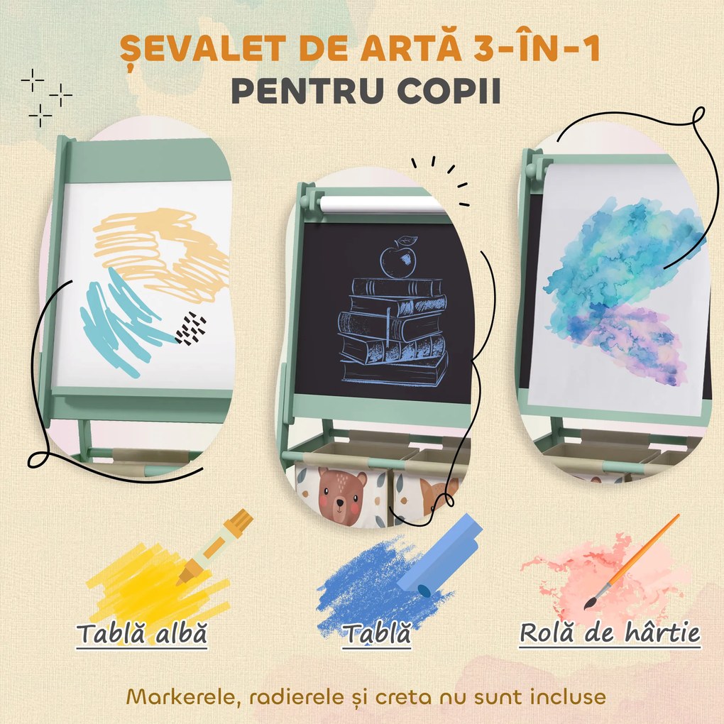 Tablă pentru copii 3 în 1 AIYAPLAY cu 2 containere, șevalet de artă din lemn pentru copii 3-8 ani, 54x46,5x93cm, de culoare verde | Aosom Romania