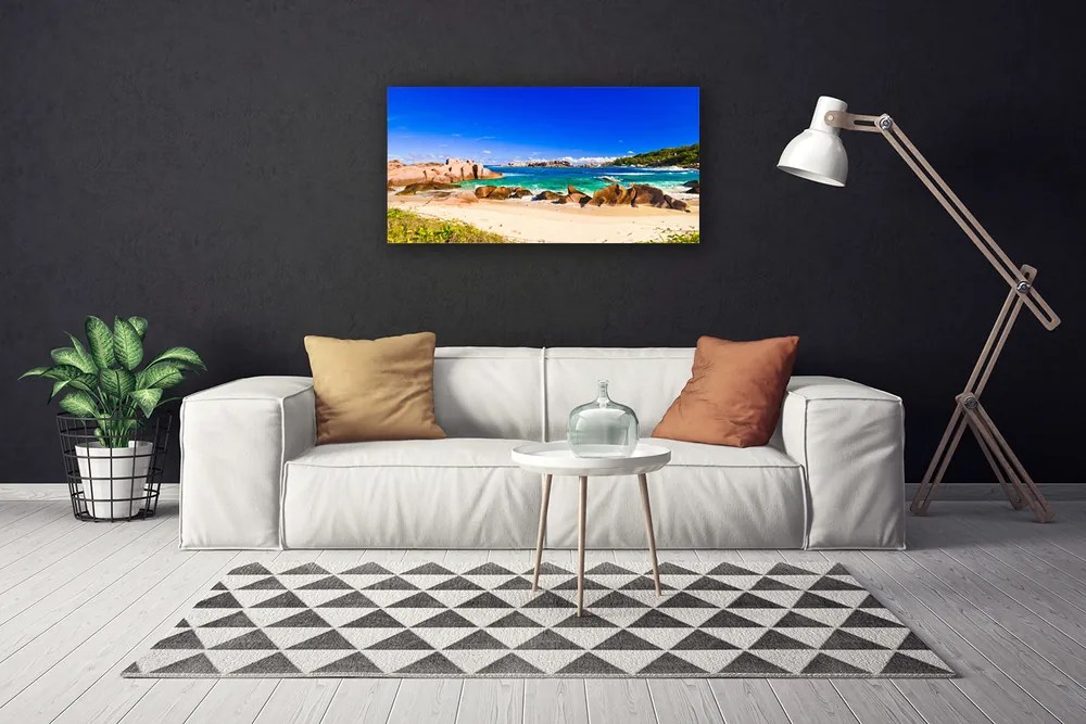 Tablou pe panza canvas Rocky Sea Beach Peisaj Albastru Galben Verde