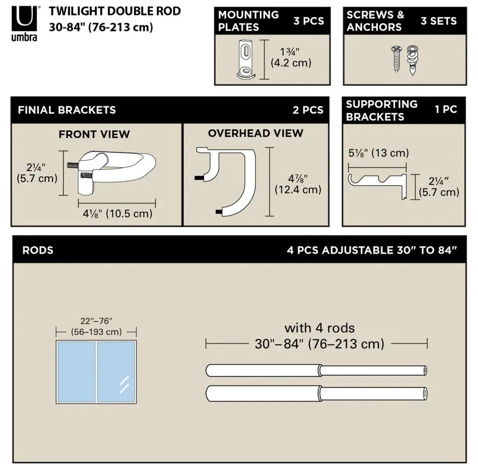 Galerie de perdea 167 - 365 cm extensibilă/dublă din oțel Twilight – Umbra