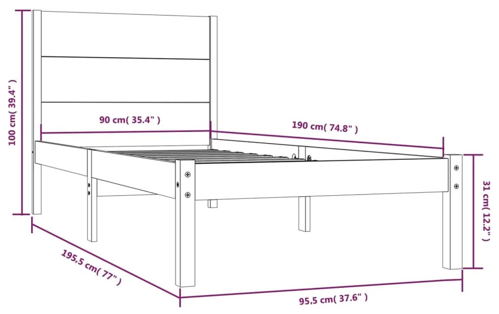 Cadru de pat Single 3FT, 90x190 cm, lemn masiv Maro, 90 x 190 cm