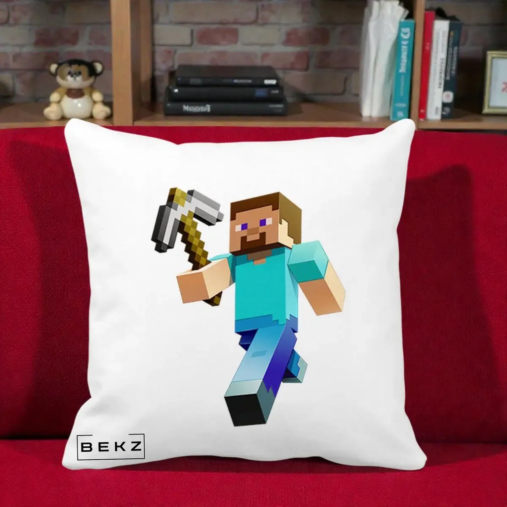 Perna Personalizata Minecraft Steve cu Tarnacop, 40x40 cm, Alba Mata, Husa Detasabila, Perna Inclusa, BEKZ®