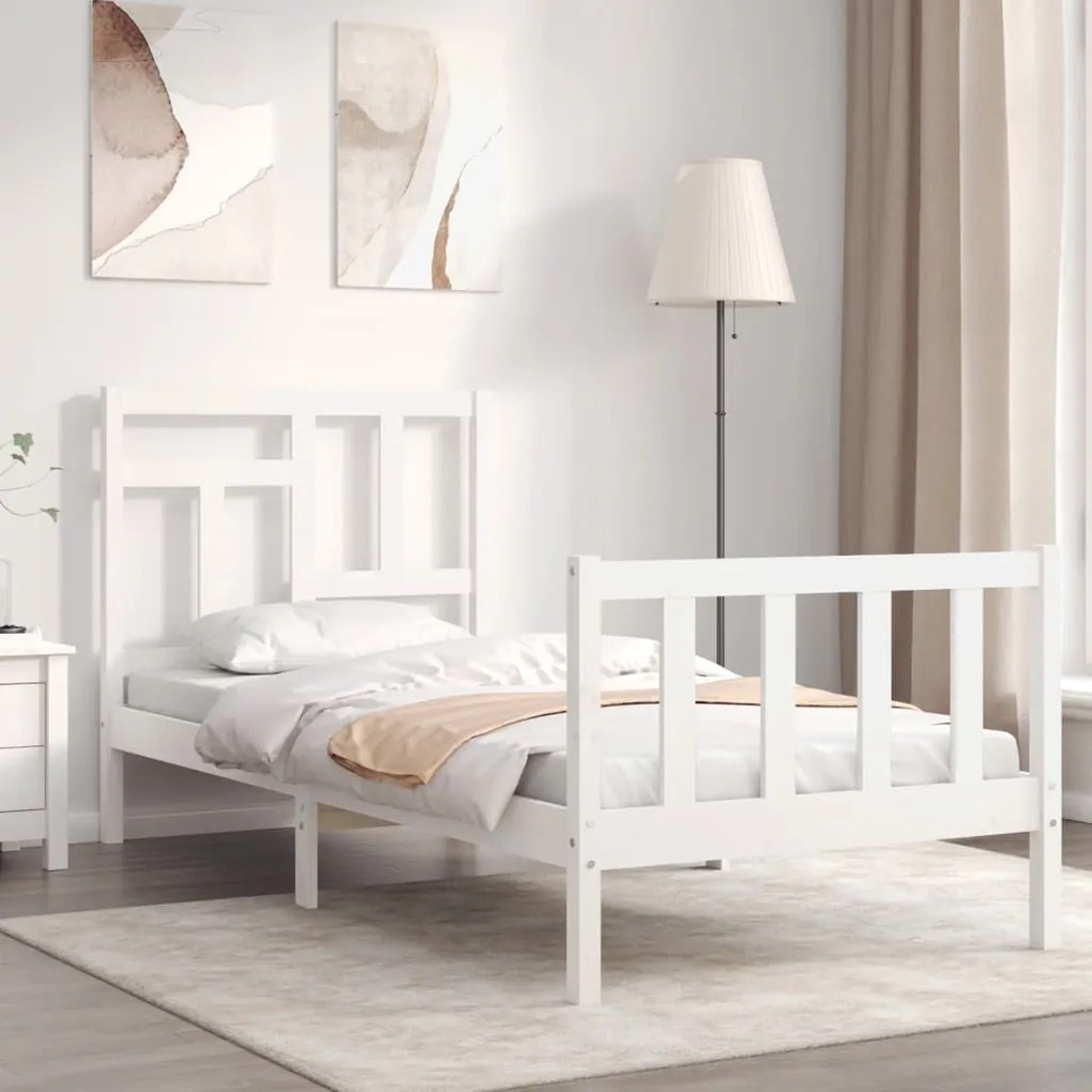 3193102 vidaXL Cadru de pat cu tăblie single mic, alb, lemn masiv