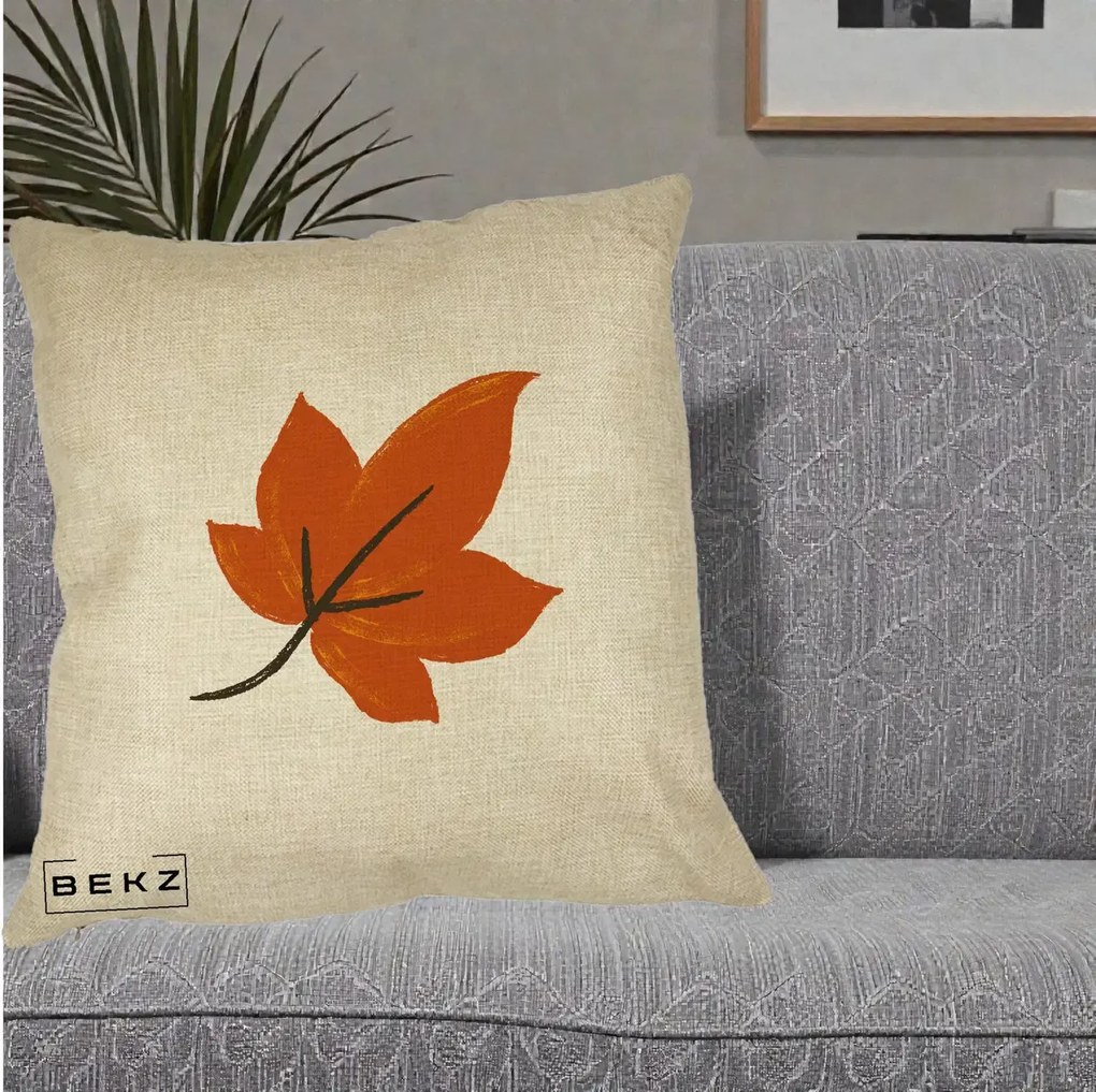Perna Decorativa Frunza de Toamna Portocalie, 40x40 cm, Crem, Husa Detasabila, Perna Inclusa, BEKZ®