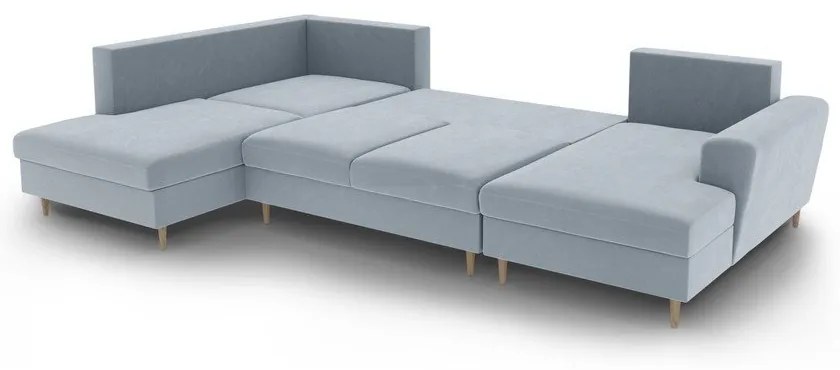 Colțar albastru deschis extensibil, cu spațiu de depozitare cu tapițerie din catifea (cu colț pe partea stângă-în formă de "U") Kyoto – Cosmopolitan Design