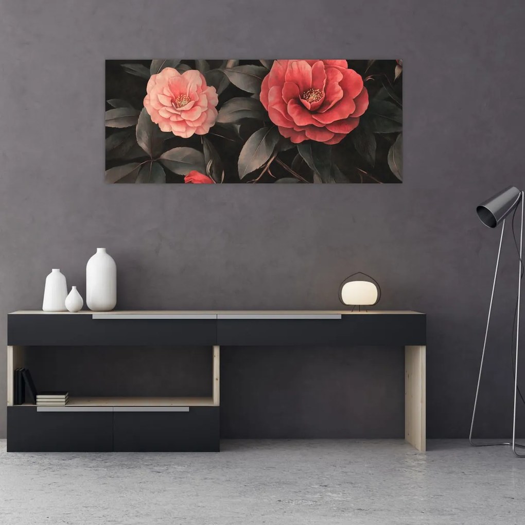 Tablou - Flori roșii pe fundal întunecat (120x50 cm)