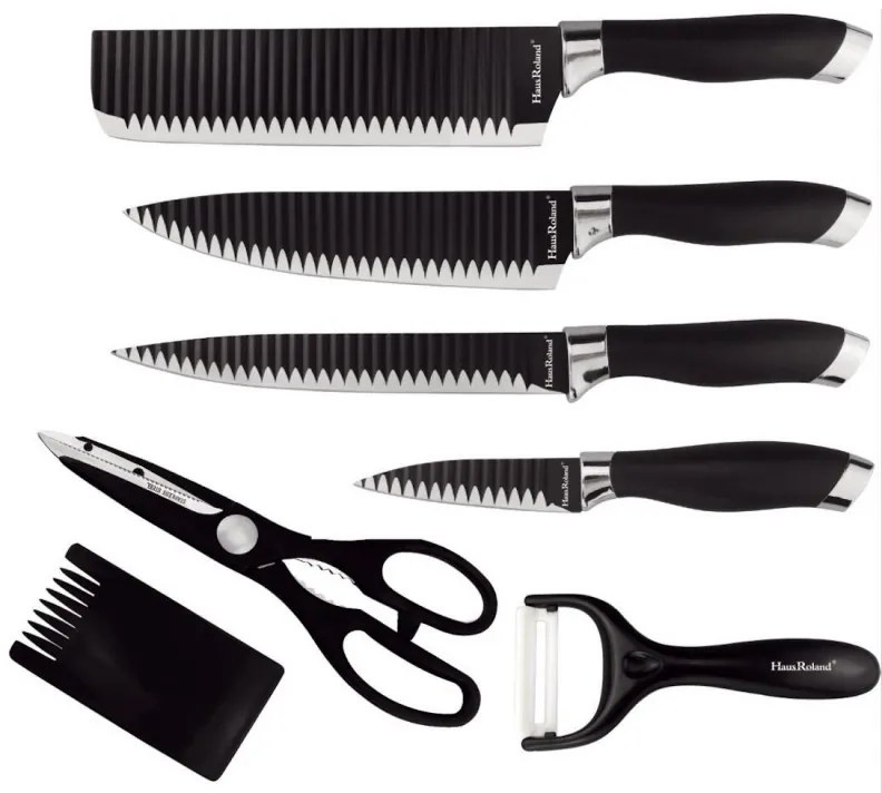 Resigilat: Set cutite HausRoland HR007-1, 7 piese, Foarfeca, Acoperire antiaderenta, Negru