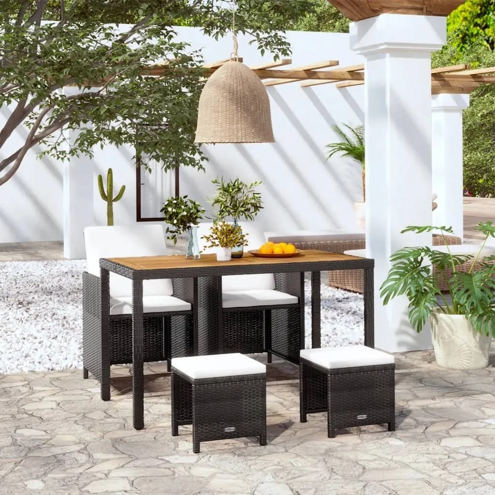 Set mobilier de exterior, 5 piese negru, poliratan, lemn acacia