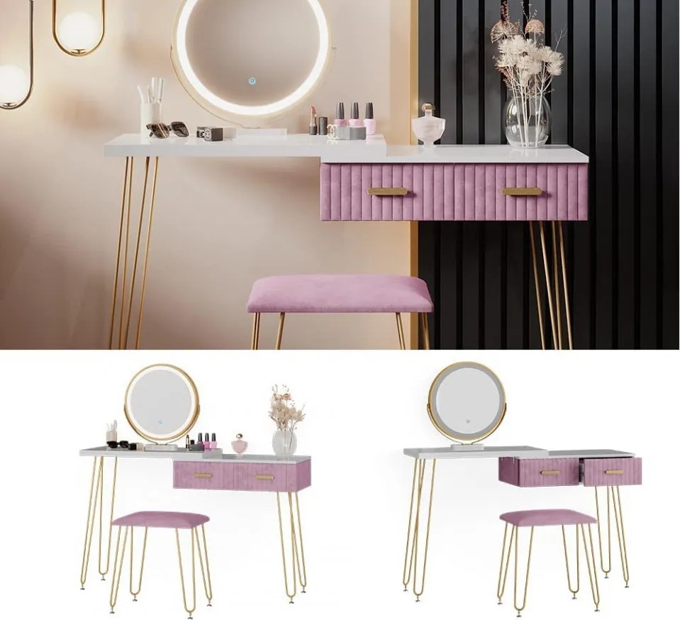 Masuta machiaj cu Oglinda LED si 2 Sertare pentru Cosmetice, Set Masa toaleta 120 cm, Alb, masuta cosmetica, vanity - SEA394