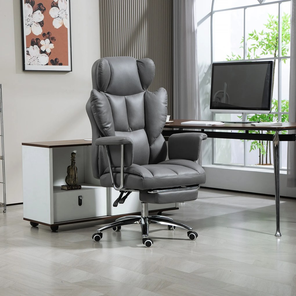 HOMCOM Scaun de birou ergonomic, tapițat, cu suport pentru picioare, spătar reglabil, rotativ la 360°, Gri închis | Aosom Romania