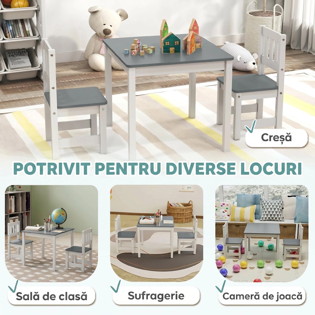 AIYAPLAY Set Măsuță și Scaune pentru Copii 3-8 Ani din Lemn Gri și Alb | Aosom Romania