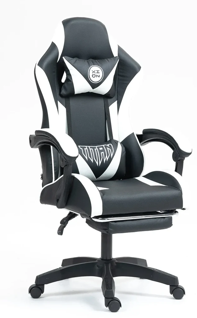 Scaun gaming, masaj în perna lombară, suport picioare, piele PU, Negru/Alb