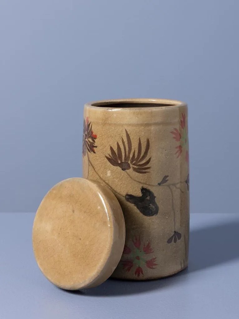 Borcan din ceramică artizanală natur cu capac, motive florale și păsări pictate manual, maro și roșu, 22 × 12 cm, „Campana"
