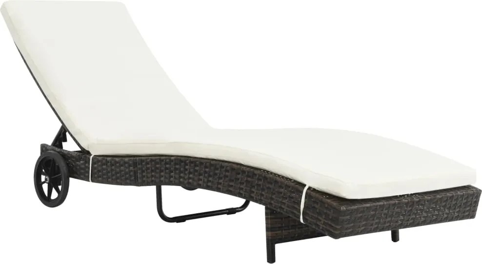 vidaXL Șezlong de plajă cu roți și pernă, maro, poliratan