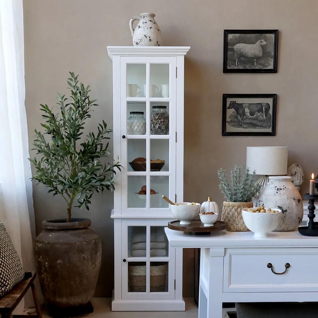 Vitrina din lemn masiv si furnir, alb, cu 2 usi si rafturi, aspect rustic, Marseille